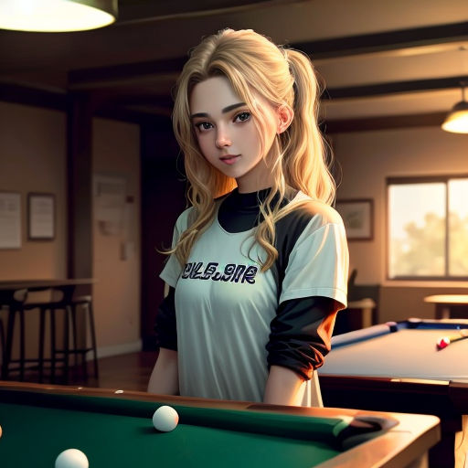a woman standing in front of a pool table with a pool ball in her hand and a pool cue in her other hand