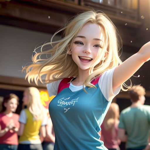 a girl is holding a wand in her hand and smiling at the camera while others are walking by in the background