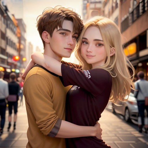 a couple of people that are hugging each other on a street corner with people walking by in the background