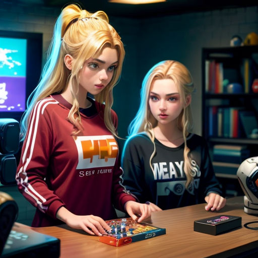 two girls standing in front of a computer screen and a keyboard in a room with a helmet on the table
