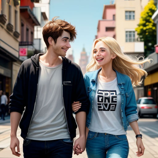 a man and a woman walking down a street holding hands and smiling at each other's eyes,