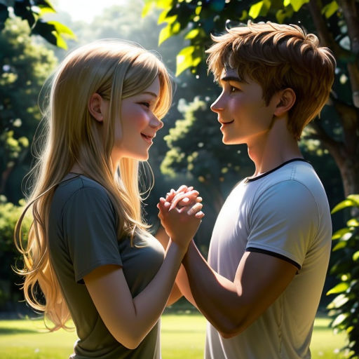 a couple of people standing next to each other in a field of grass and trees with their hands together