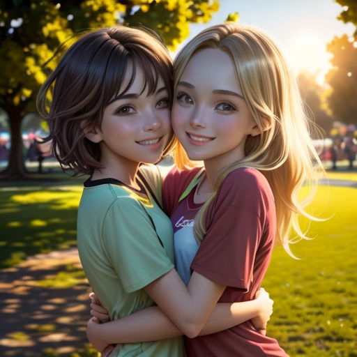 two young girls hugging each other in a park at sunset or sunrise time photo by digital art world / digital art world