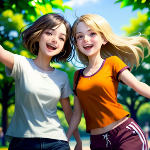two girls are standing together in the park and smiling at the camera, with their arms around each other