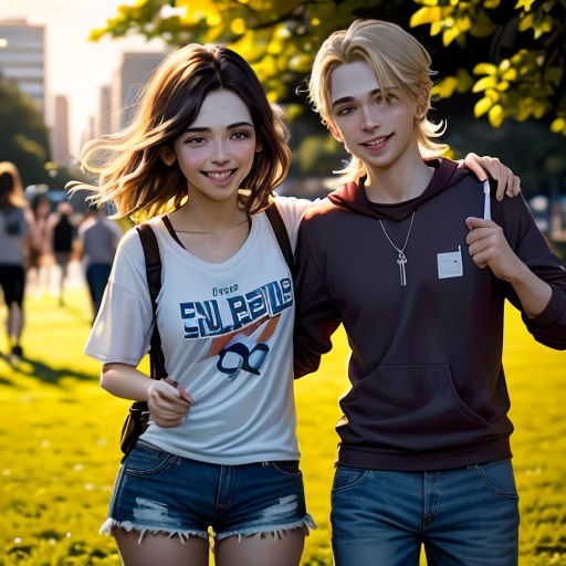 two young women standing next to each other in a park with trees and people in the background, one holding a cell phone