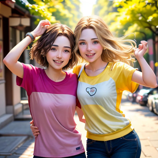 two young women standing next to each other on a street with trees in the background and a building in the background