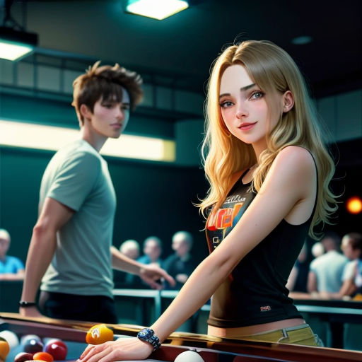 a woman standing next to a man in a pool hall with a pool table full of pool balls and a pool cue