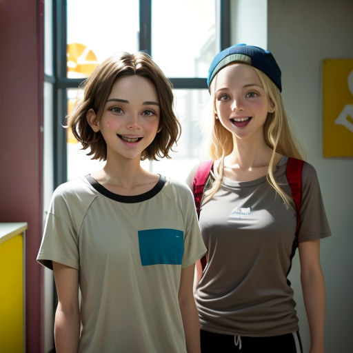 two young girls standing next to each other in a room with a window and a yellow sign on the wall
