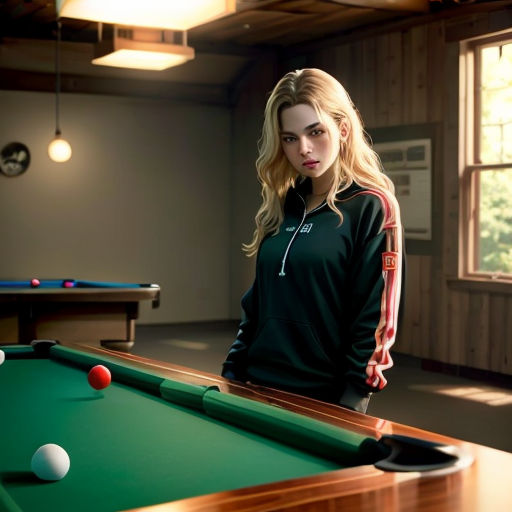 a woman standing next to a pool table with a pool ball on it and a pool cue in front of her