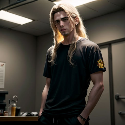 a man with long hair standing in a room with a desk and a microwave oven in the background and a light on