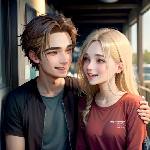 a couple of people standing next to each other near a building and a window with a view of the city
