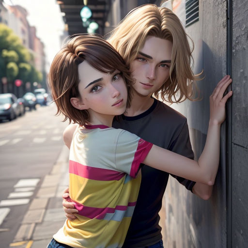 a couple of people that are hugging each other near a wall and a street light in the background with cars
