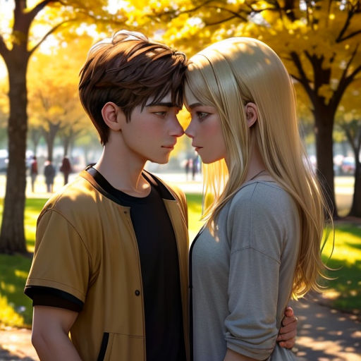 a couple of people standing next to each other near trees and grass with yellow leaves on them and a yellow tree