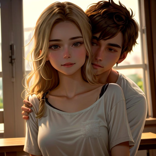 a couple of people that are standing together in front of a window and a table with a plate of food