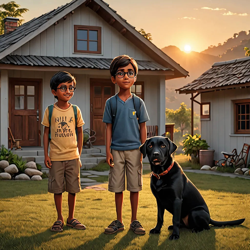 two boys and a dog standing in front of a house with a dog on the lawn in front of them, american scene painting, a storybook illustration, Aaron Jasinski, promotional image