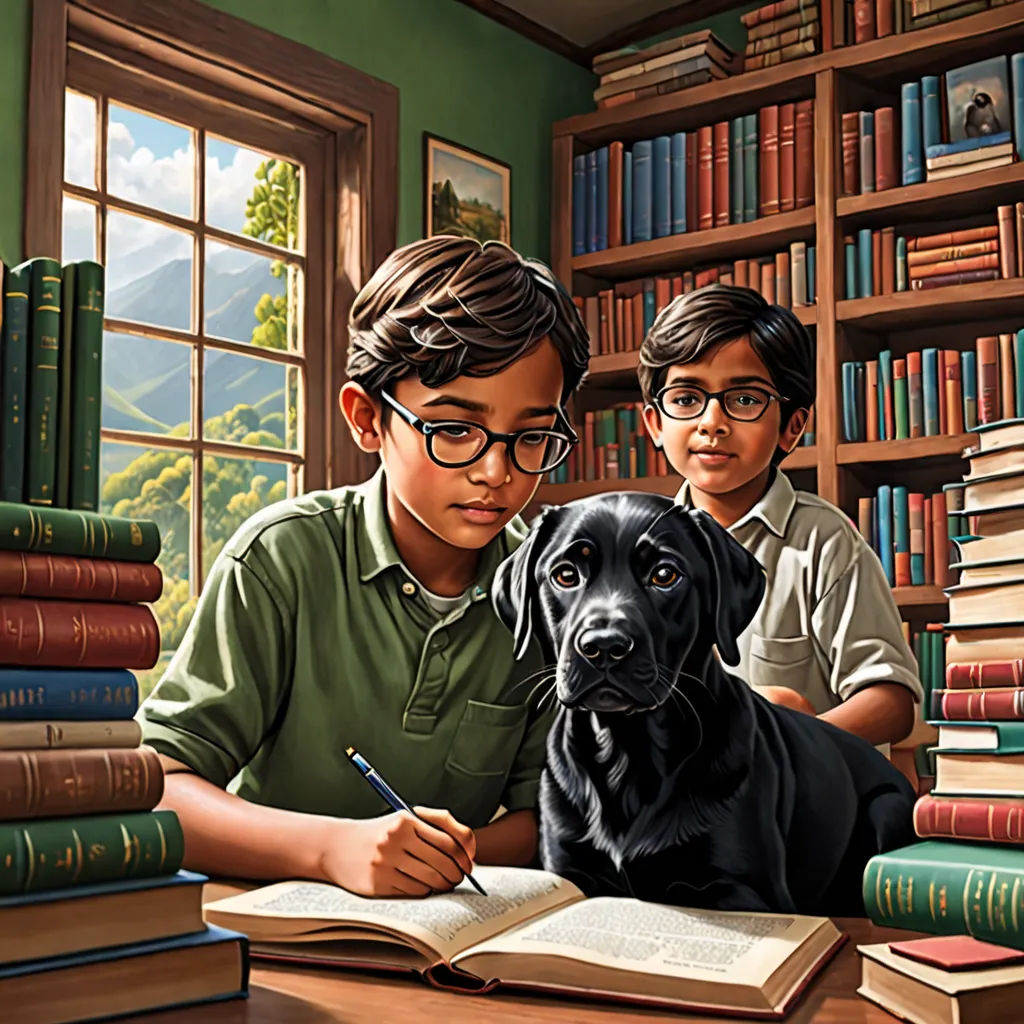 a painting of two boys and a dog in front of a bookcase with books on it and a dog in front of them, american scene painting, a storybook illustration, F Scott Hess, highly detailed digital painting