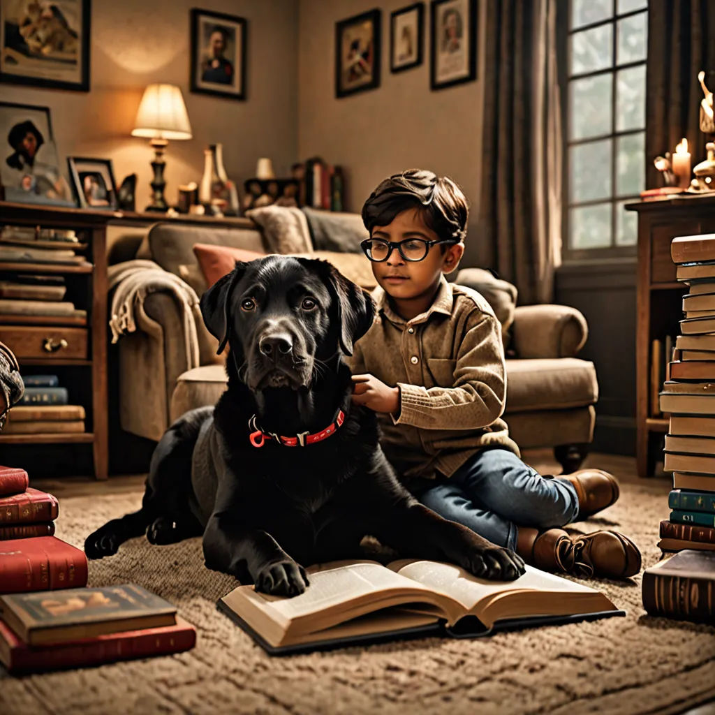 Mathu the boy picks up a book and starts reading aloud. Kunjan and Rocky gather around him, listening intently to the story, while Rocky curls up at their feet.