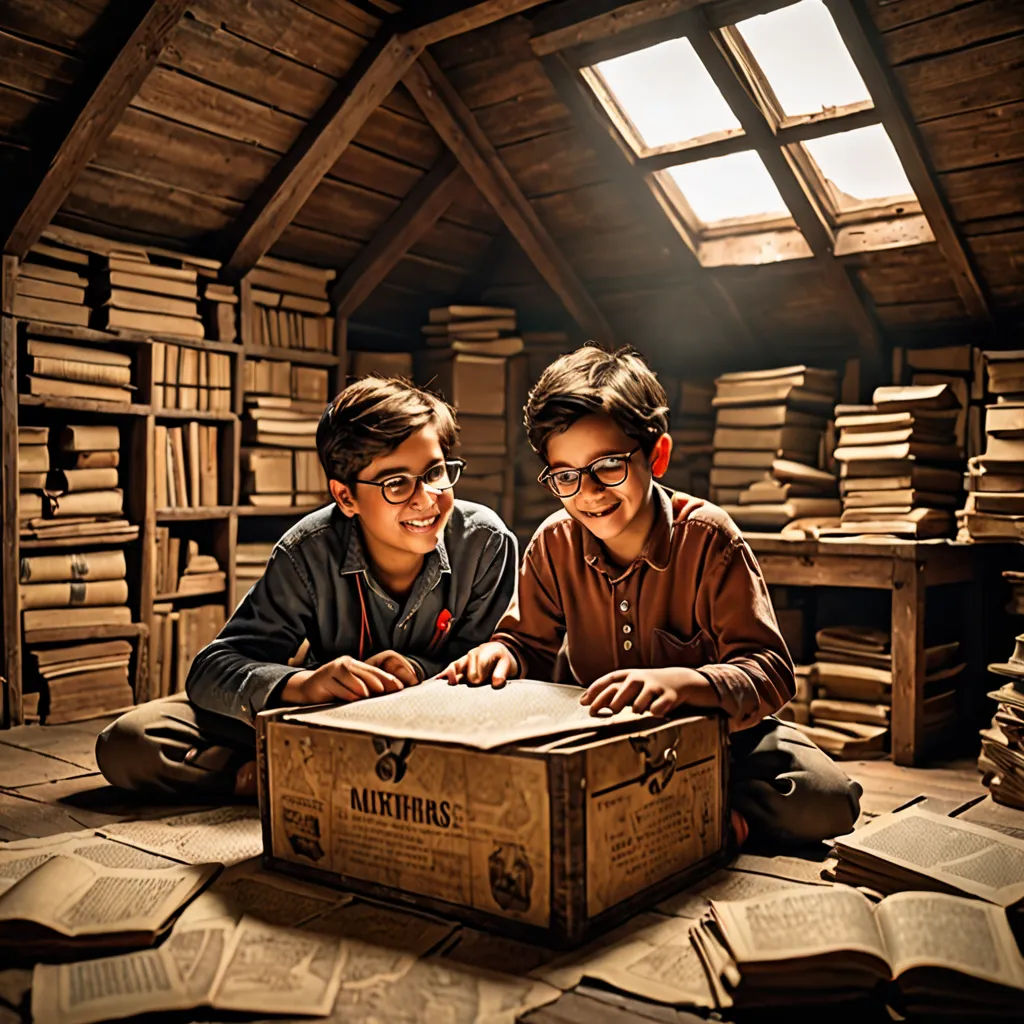 two boys sitting on the floor in a room full of books and a box of books with a book on it, art photography, a storybook illustration, Diego Gisbert Llorens, cinematic photography