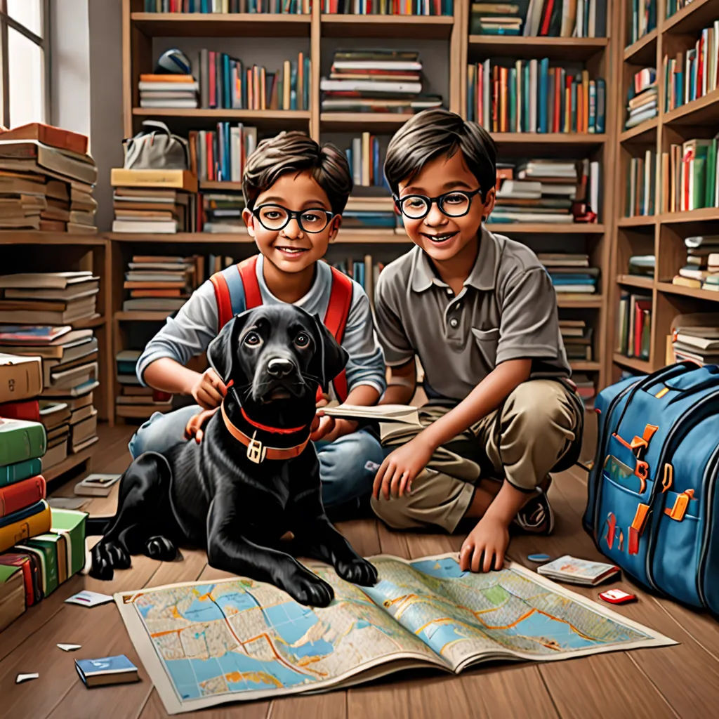 two boys sitting on the floor with a dog and a book case in front of them and a map, photorealism, a storybook illustration, Bob Byerley, highly detailed digital painting