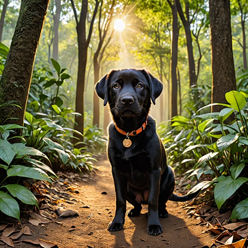 a black dog sitting on a dirt path in the woods with sun shining through the trees behind him and a yellow tag on his collar, art photography, a stock photo, Elke Vogelsang, animal photography
