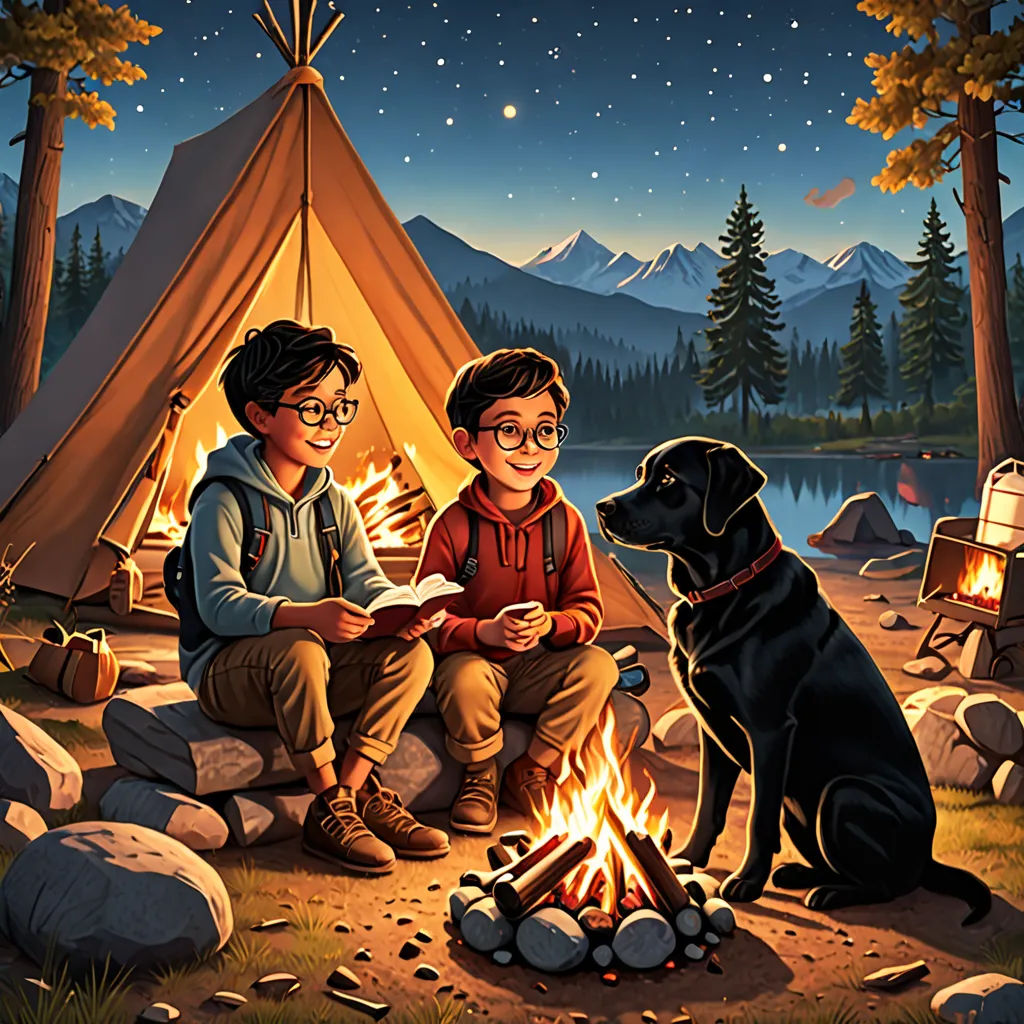 a boy and a boy sitting in front of a campfire with a dog in front of them and a tent, american scene painting, a storybook illustration, Dan Mumford, official art