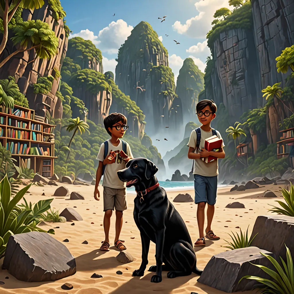a painting of two boys and a dog on a beach with a bookcase in the background and a mountain range in the background, magic realism, a storybook illustration, Chris LaBrooy, promotional image