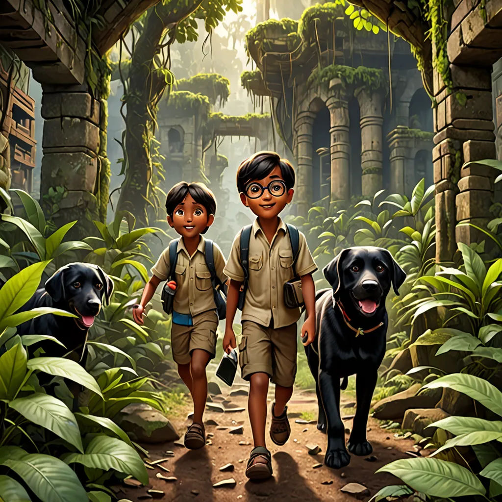 a boy and a boy walking with two dogs in a jungle area with a bridge and trees in the background, samikshavad, poster art, Cliff Childs, promotional image