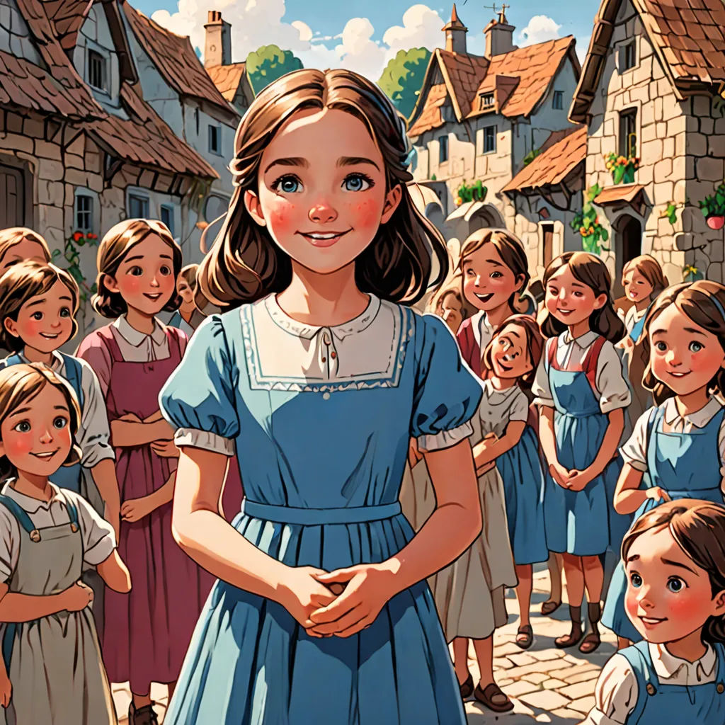 a painting of a girl standing in front of a group of children in a village with a clock tower, magical realism, a storybook illustration, Barron Storey, storybook illustration