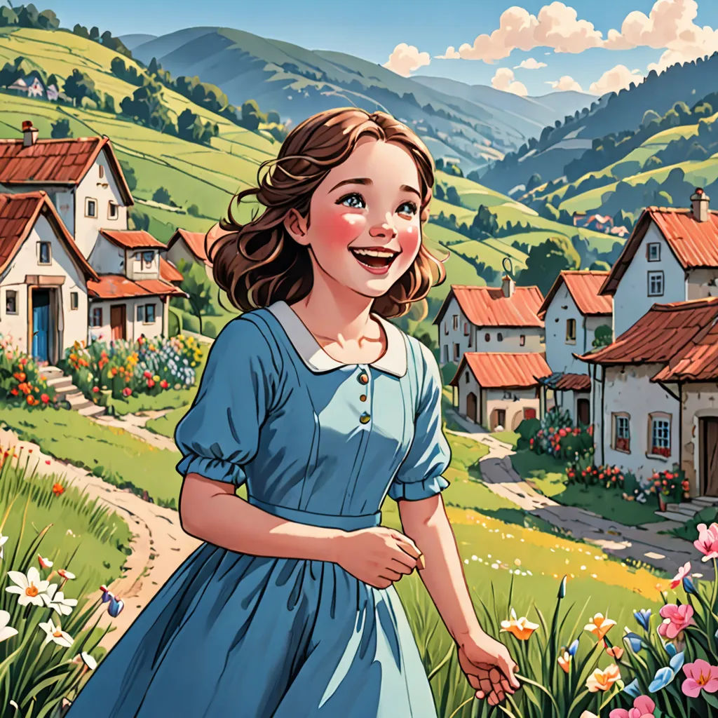 a painting of a girl in a blue dress in a field of flowers with a house in the background, american scene painting, a storybook illustration, Colin Middleton, storybook illustration