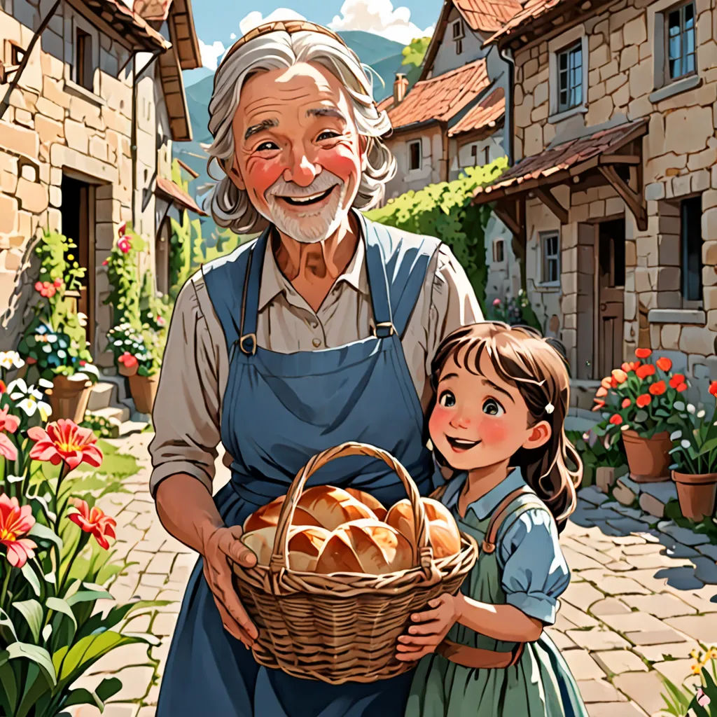 a man and a little girl holding a basket of bread in front of a house with flowers in the yard, fantasy art, a storybook illustration, Cliff Childs, storybook illustration