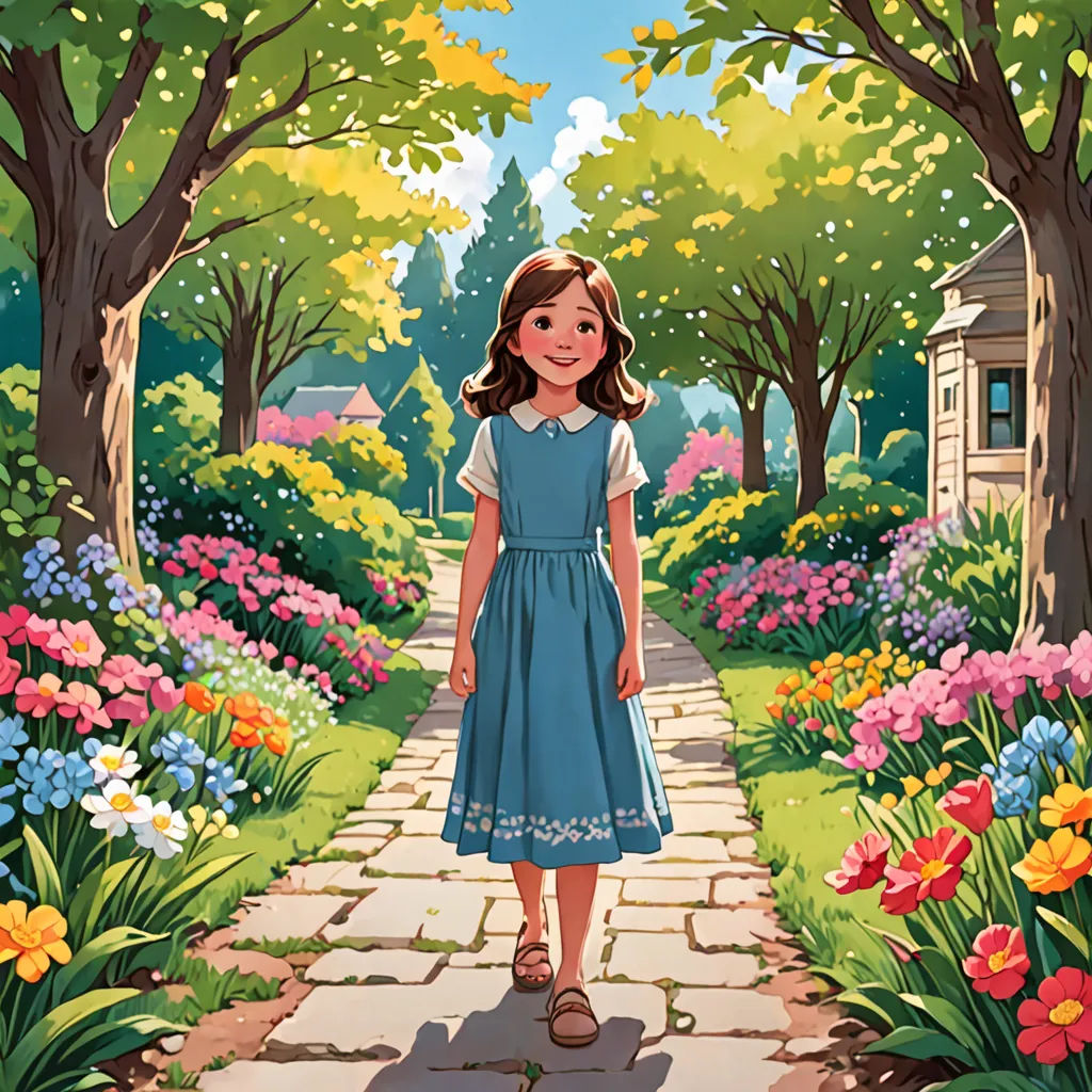 a painting of a girl walking down a path in a garden with flowers and trees on either side of her, american scene painting, a storybook illustration, Alice Prin, official art