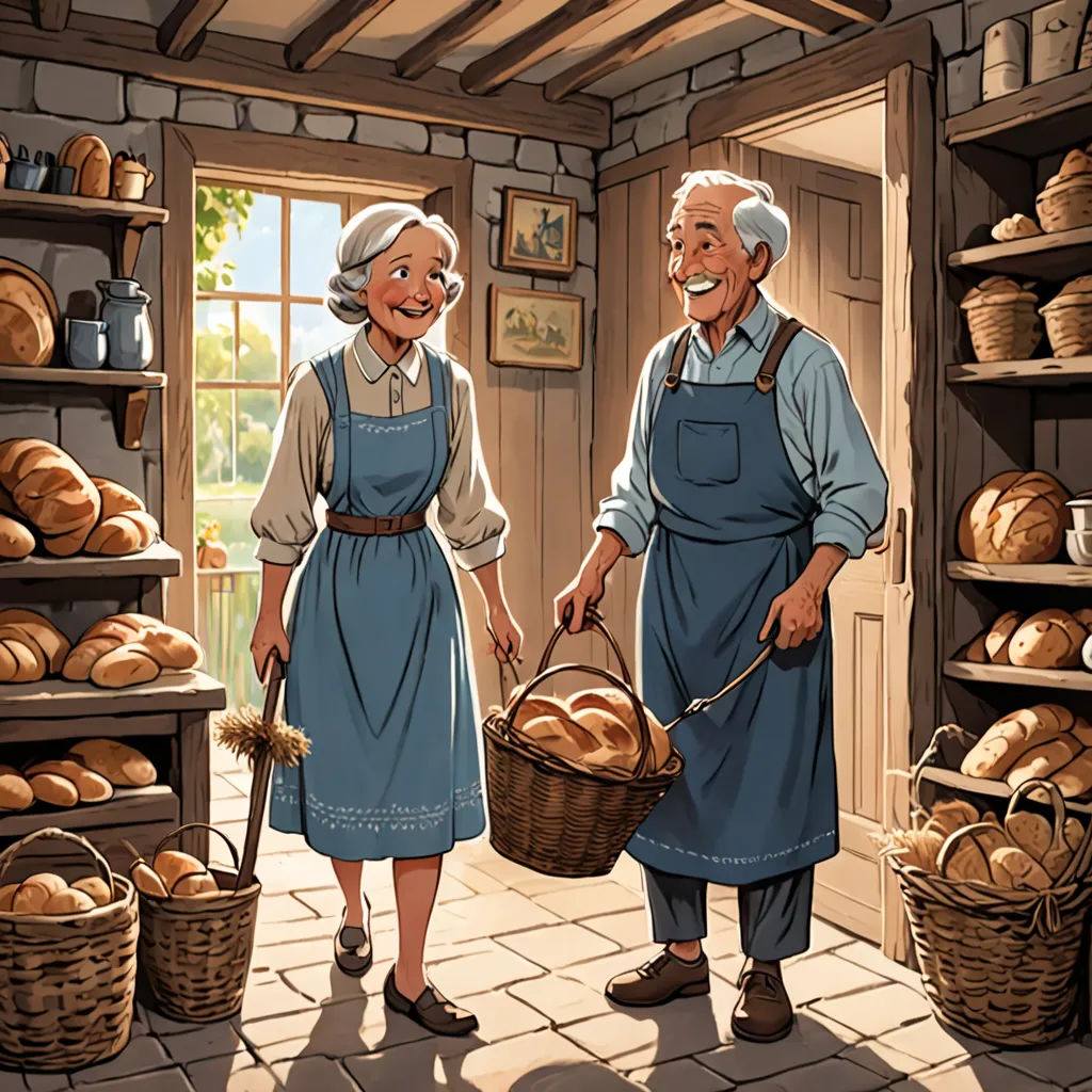 a man and woman holding baskets of bread in a bakery with bread stacks in the background and a shelf of bread on the right, american scene painting, a storybook illustration, Bourgeois, storybook illustration