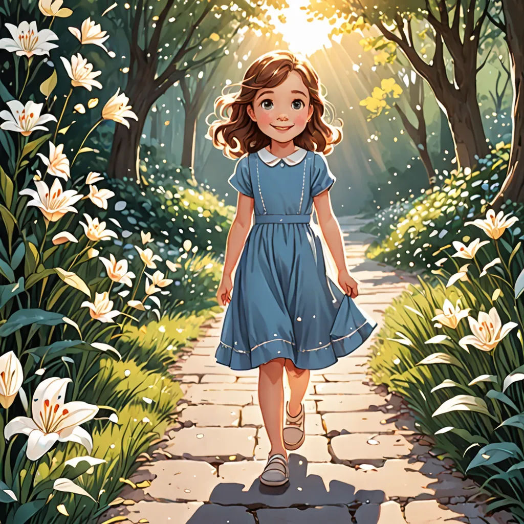 a little girl walking down a path in the woods with flowers on either side of her face and a sun shining through the trees, fantasy art, a storybook illustration, Alice Prin, rossdraws global illumination