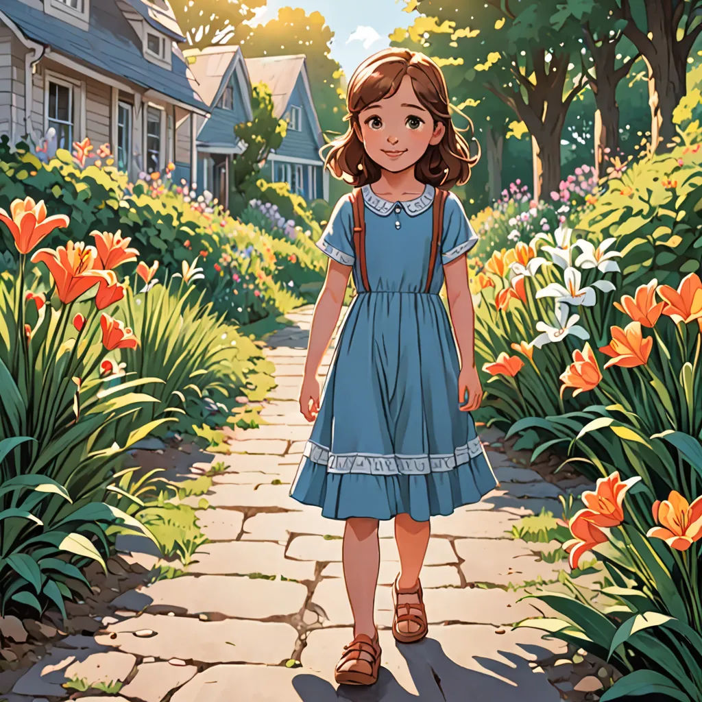 a little girl walking down a path in a garden with flowers and houses in the background, with a little girl in a blue dress, american scene painting, a storybook illustration, Anne Said, official art