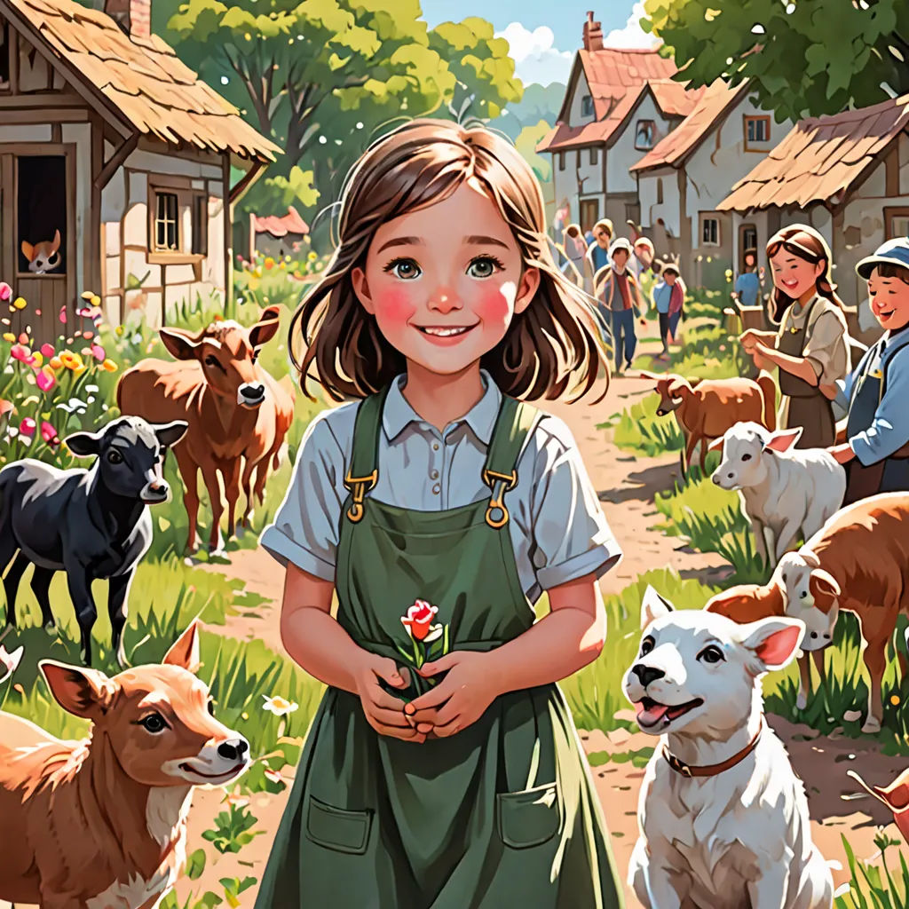 a painting of a girl standing in front of a herd of sheep and goats in a village with a farmer's wife, american scene painting, a storybook illustration, Bob Byerley, official art