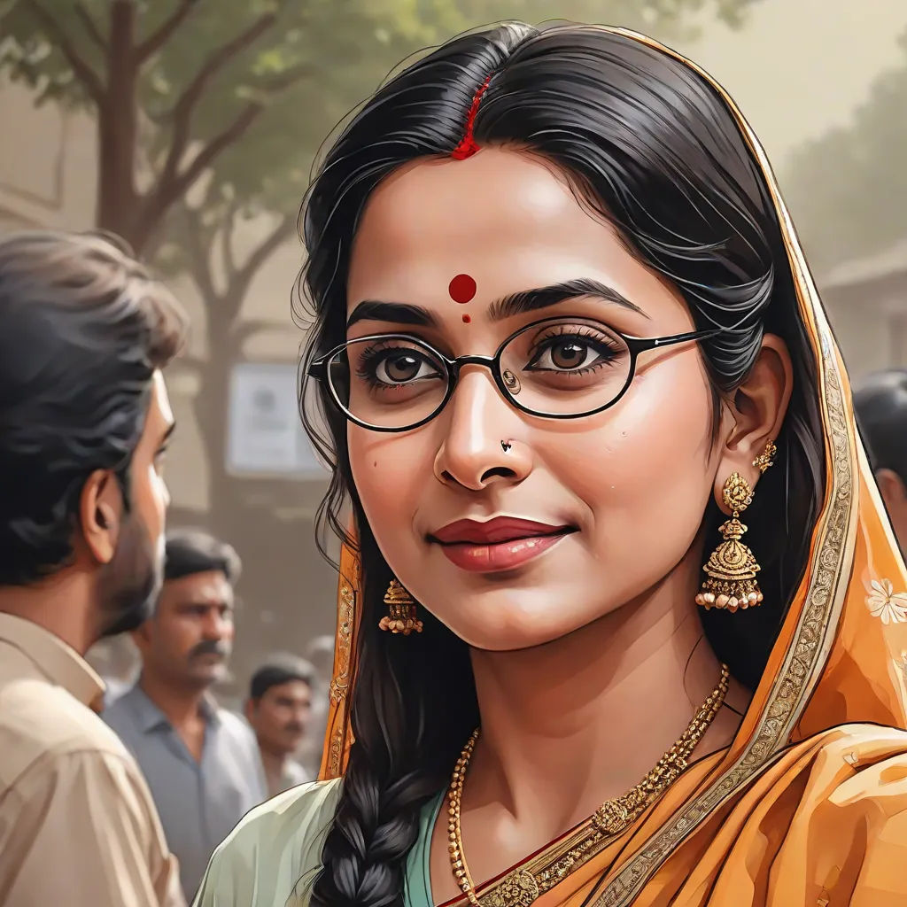 a painting of a woman in a sari and glasses with a man in the background looking at her, Ella Guru, samikshavad, a detailed painting, highly detailed digital painting