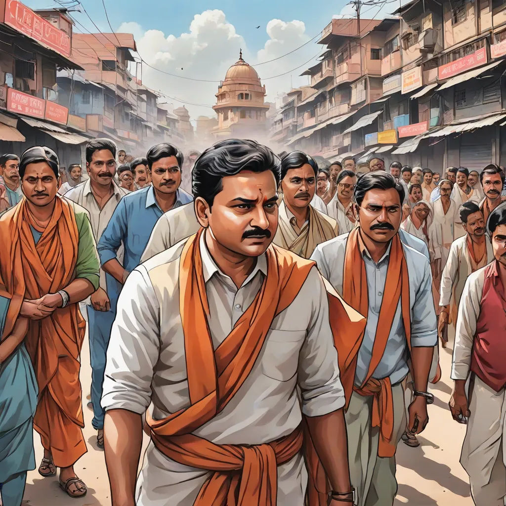 a painting of a man with a beard and orange scarf walking in a crowd of people in india, with a building in the background, Bapu, samikshavad, a comic book panel, graphic novel