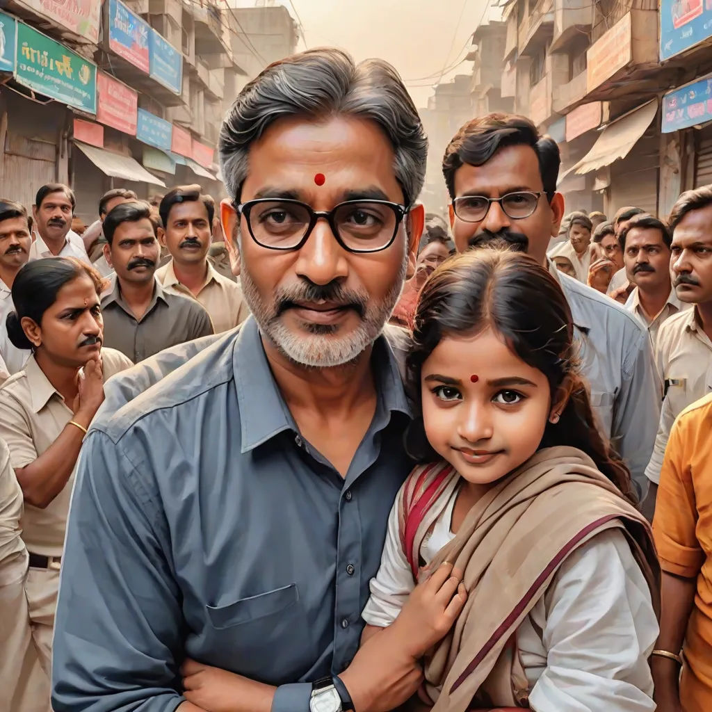 a man holding a little girl in front of a crowd of people in india, with a man in the middle of the photo, Bholekar Srihari, samikshavad, a poster, movie still