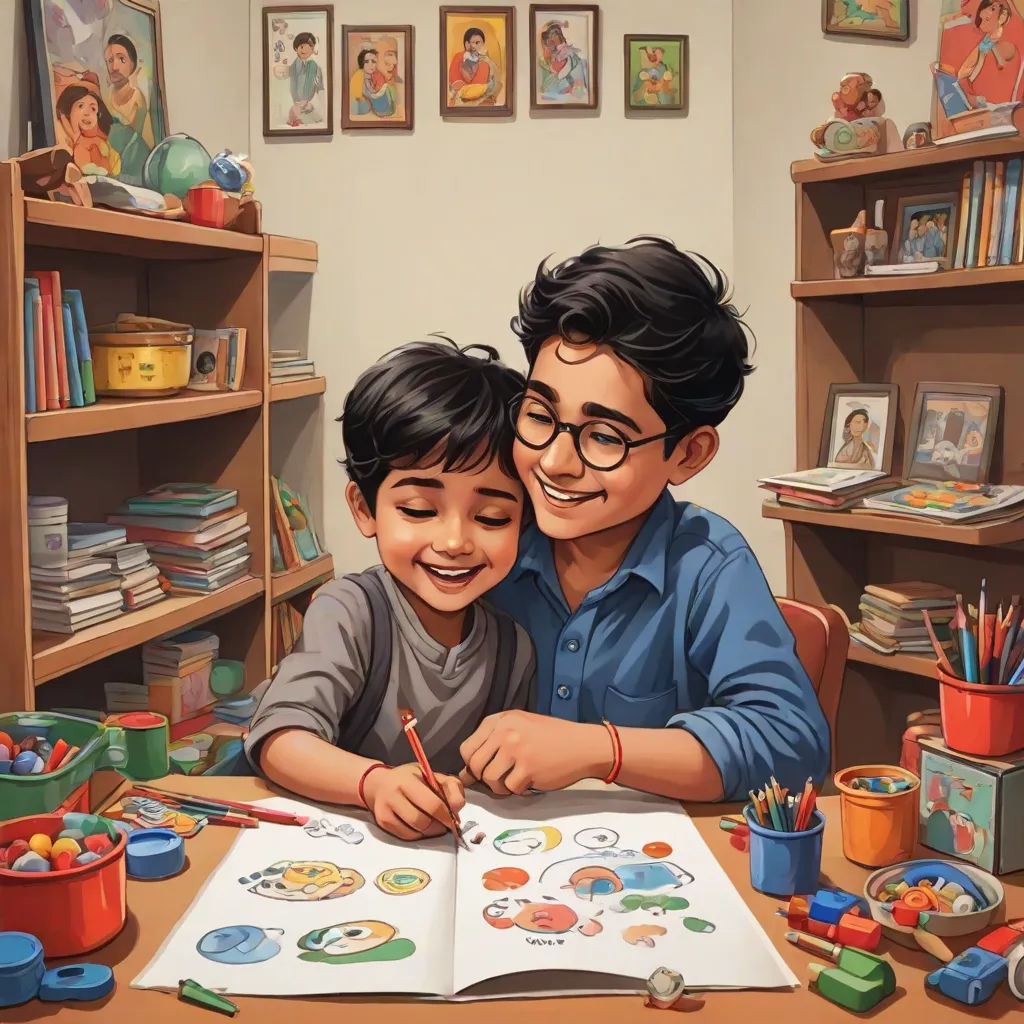 a man and a boy are sitting at a table with a book and pencils in front of them, Aaron Jasinski, bengal school of art, a detailed painting, detailed painting