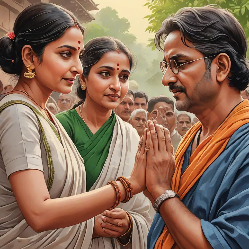 a painting of a man and woman in front of a crowd of people with their hands together and a man in the middle of the picture, Bapu, samikshavad, a detailed painting, official art
