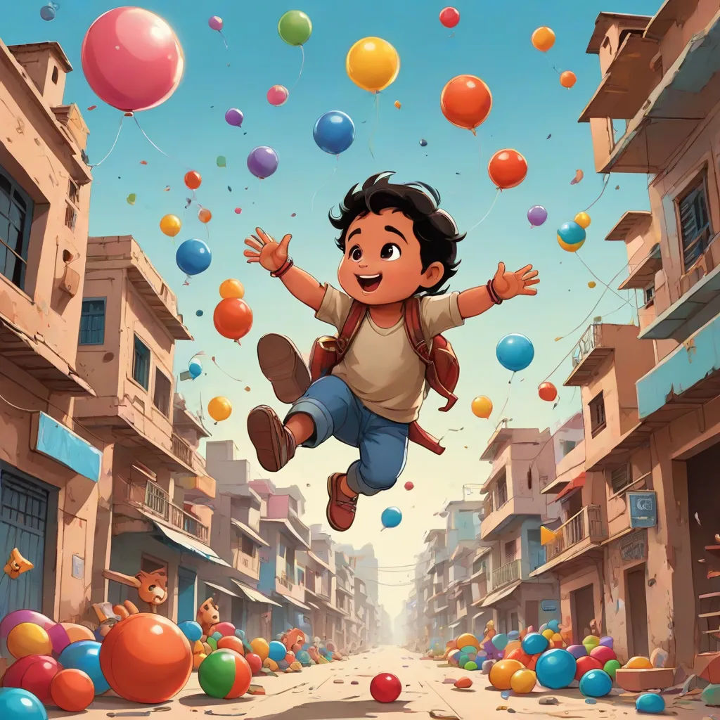 a boy is flying through the air with balloons in the air and buildings in the background, and a street with buildings and buildings, Asaf Hanuka, hurufiyya, a storybook illustration, official art