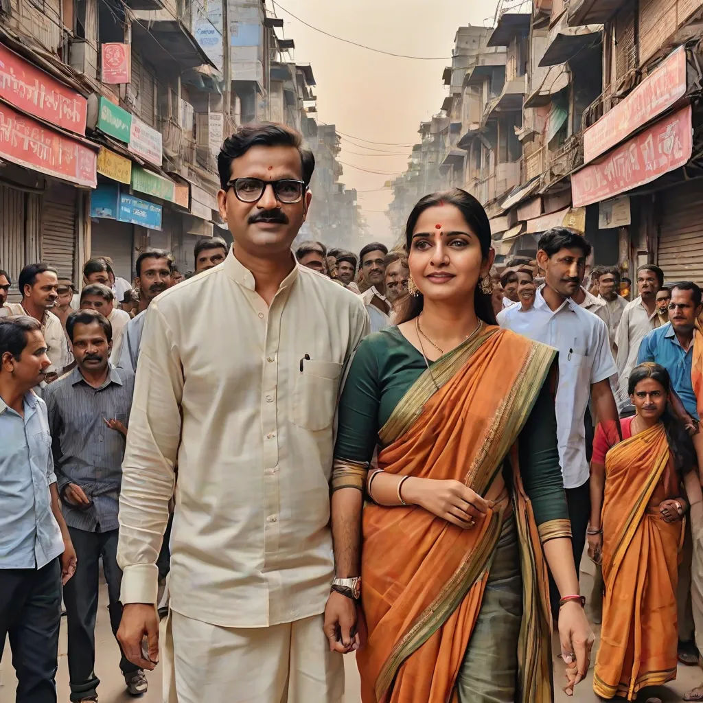 a man and woman standing in front of a crowd of people on a street with buildings in the background, Bholekar Srihari, samikshavad, a photocopy, movie still