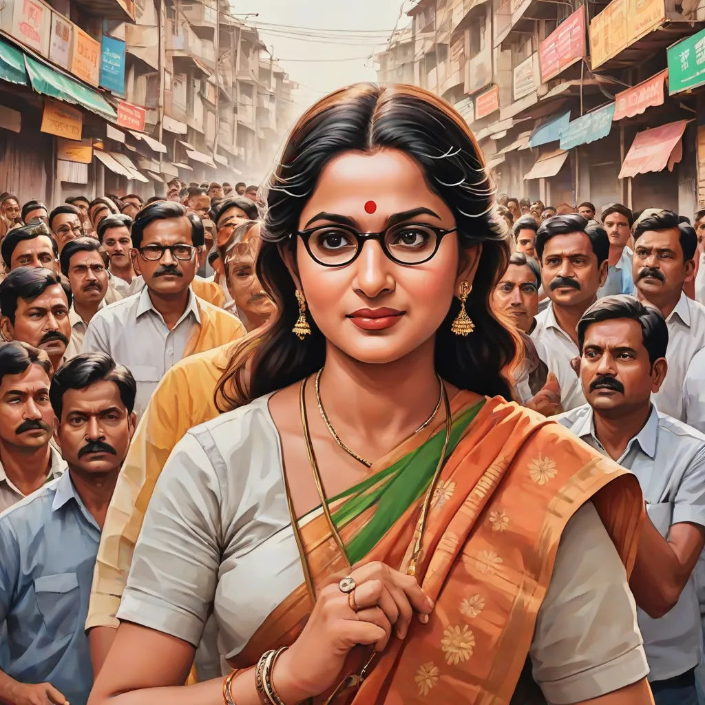 a painting of a woman in a crowd of people wearing glasses and a sari with a green border, Ella Guru, samikshavad, a detailed painting, highly detailed digital painting