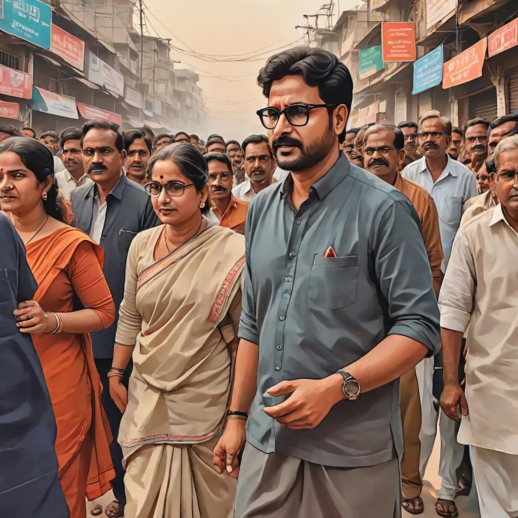 a man and woman standing in front of a crowd of people in india, with a man in the middle of the crowd, Bholekar Srihari, bengal school of art, a detailed painting, oil on canvas. cinematic