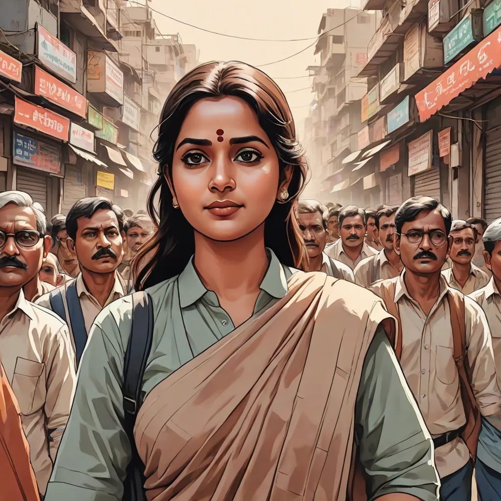 a painting of a woman in a sari with a group of men in the background in a city, Ella Guru, socialist realism, poster art, maya