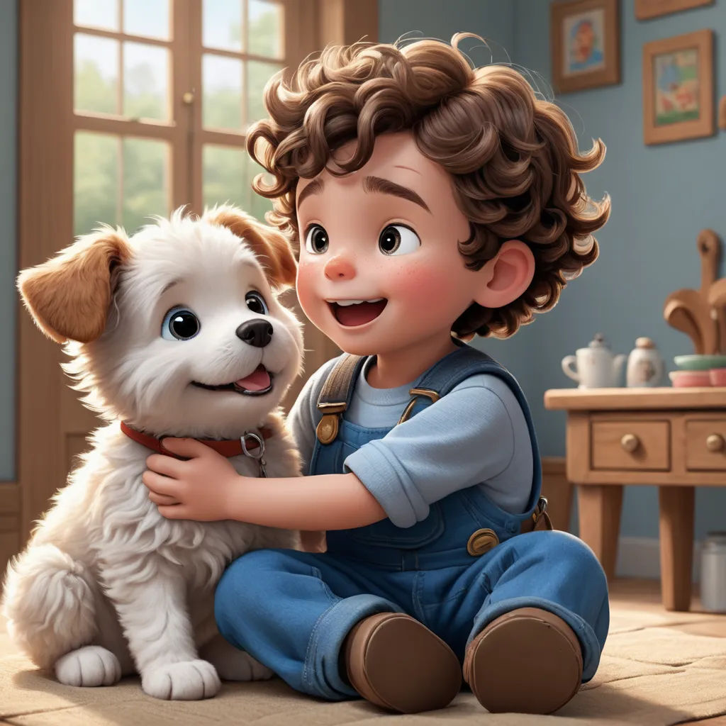 a boy is holding a dog in a room with a window and a table with a teapot on it, photorealism, a painting, Diego Gisbert Llorens, pixar and disney animation