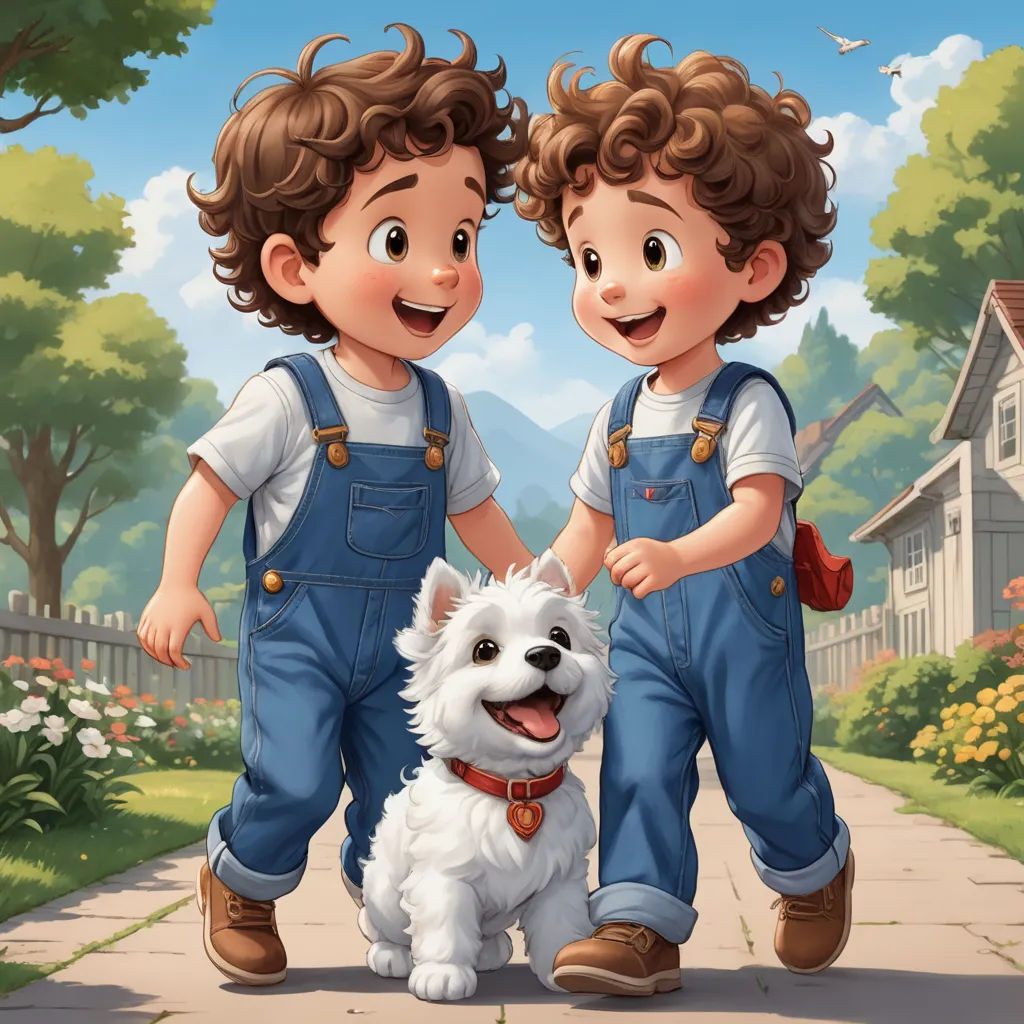 two children and a dog are walking down a sidewalk in front of a house and a tree with flowers, lyco art, a storybook illustration, Brothers Hildebrandt, highly detailed digital painting