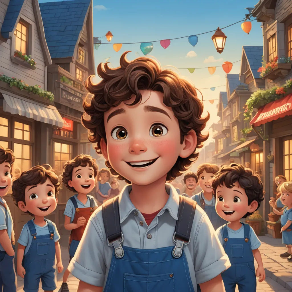a boy with a blue overalls and a blue shirt is standing in front of a group of children, american scene painting, a storybook illustration, Alejandro Burdisio, official art