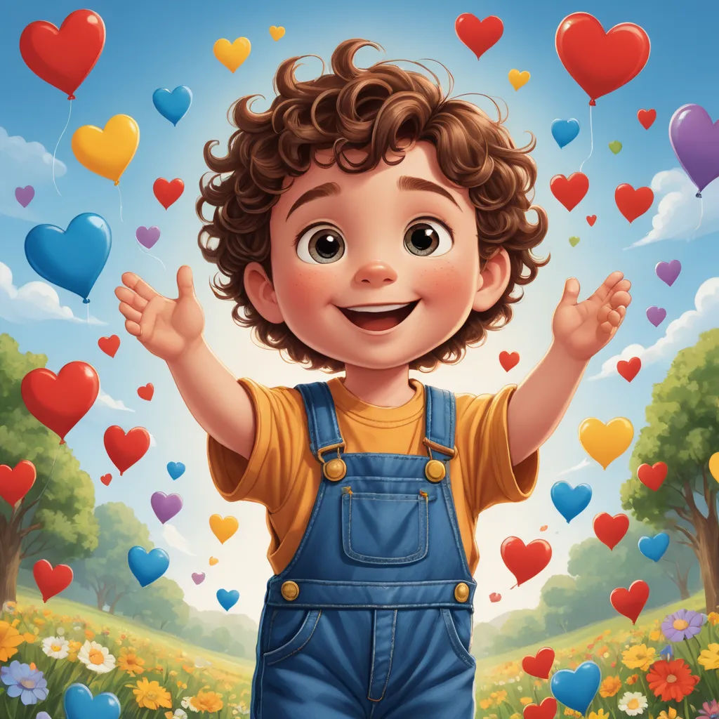 a cartoon boy with curly hair and overalls standing in a field with hearts floating in the air above him, lyco art, an ultrafine detailed painting, Alejandro Burdisio, highly detailed digital painting