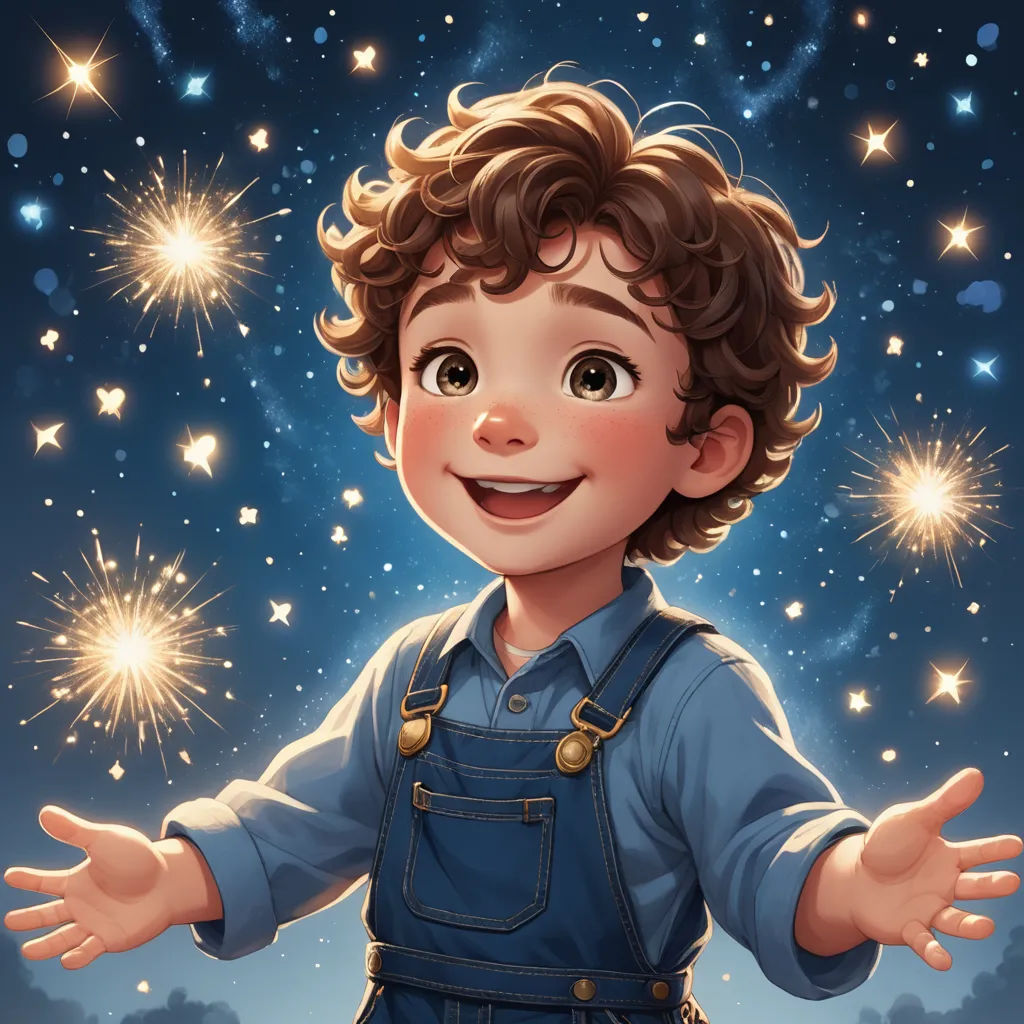 a boy with his hands out in front of fireworks and stars in the sky, with his hands out, space art, a character portrait, Aaron Jasinski, trending on art station